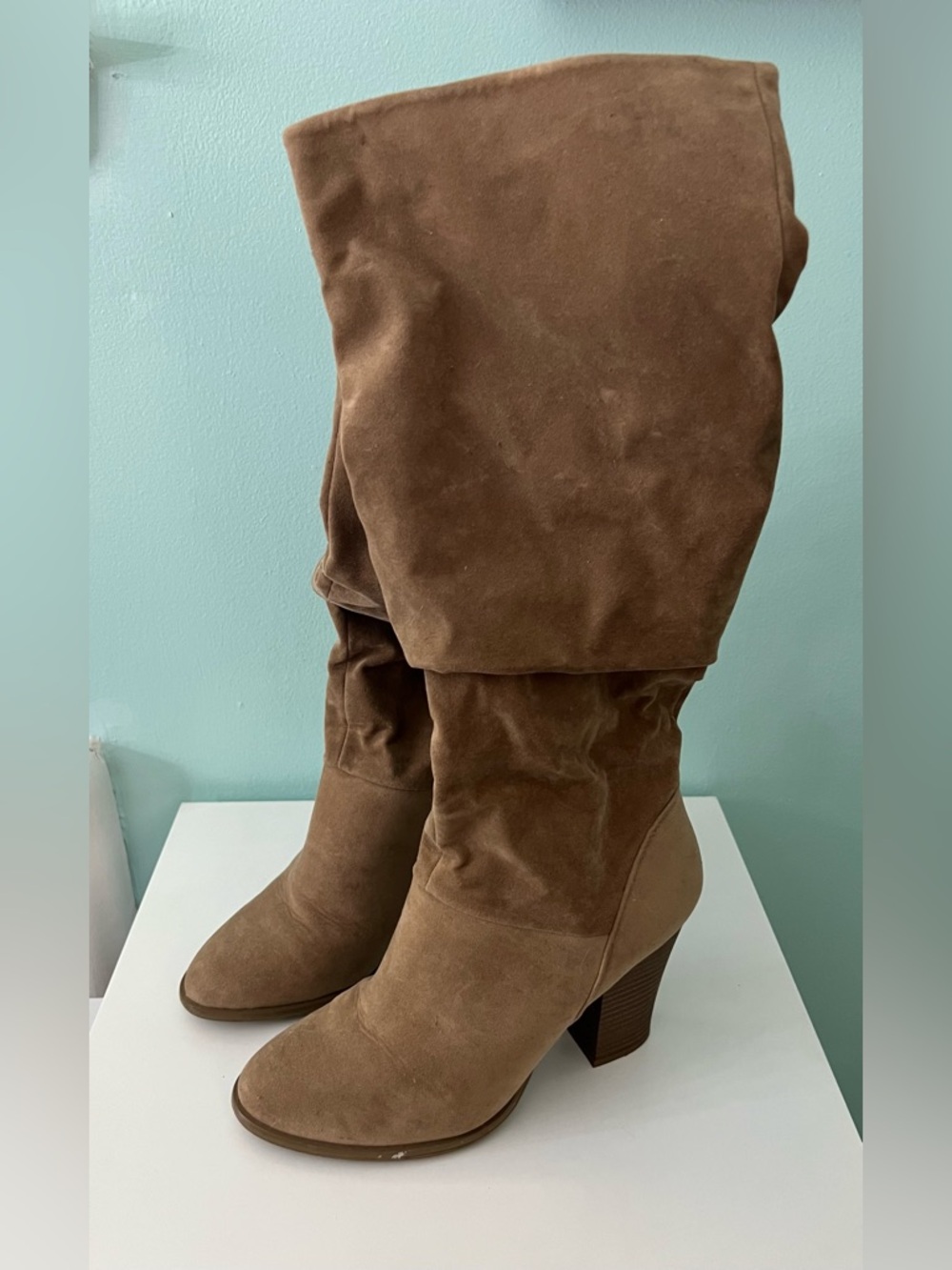 a new day Taupe Suede Slouch Knee-High Heeled Boots